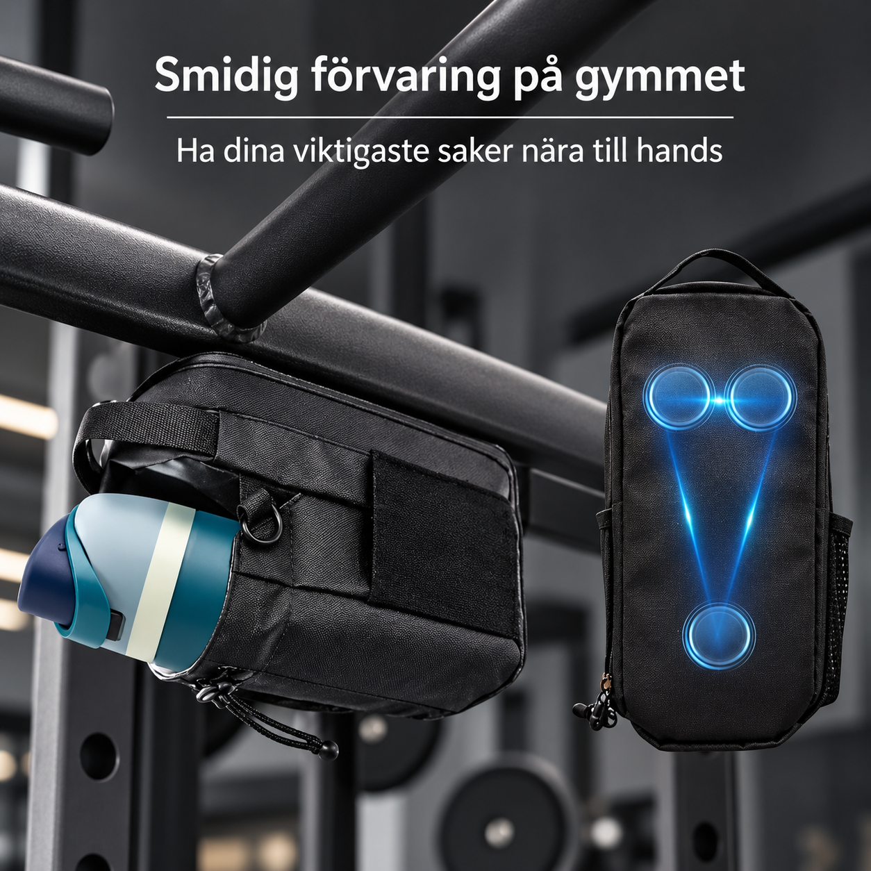 Den riktiga svarta magnetiska gymväskan fastsatt på en gymstång